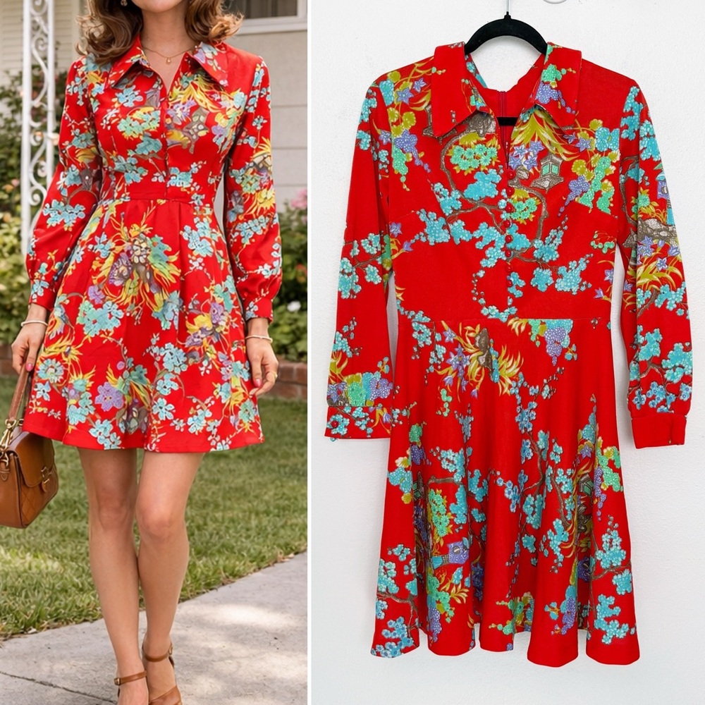 Vintage 60s 70s Chinoiserie Pagoda Garden Novelty Print Mini Dress